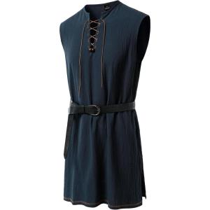 JEMITOP Men’s Renaissance Pure Cotton Lace Up Tunic Costume Sleeveless Shirt Pirate Medieval Viking Vest Without Belt(Navy Blue)