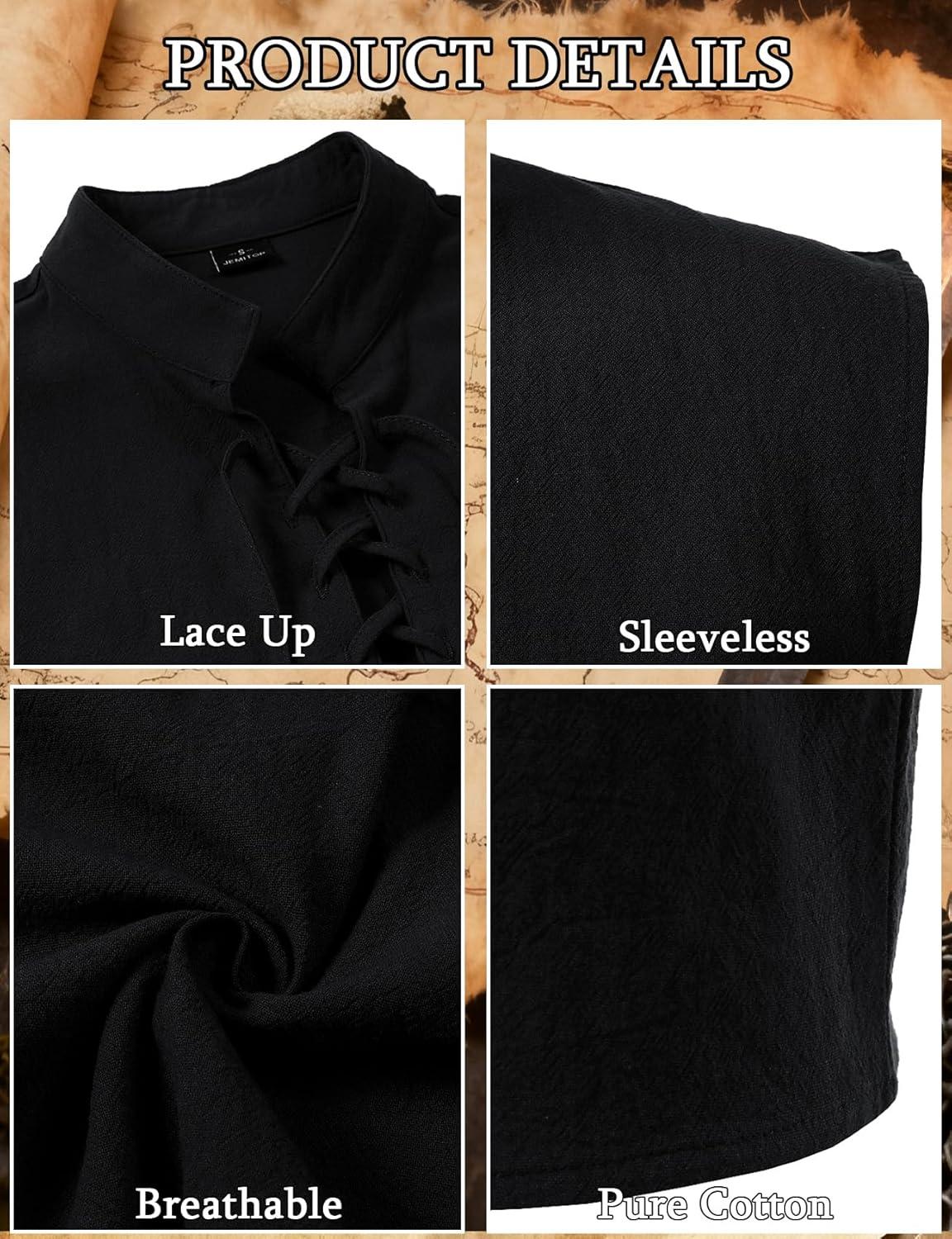 imageJEMITOP Mens Pure Cotton Renaissance Sleeveless Shirt Halloween Pirate Medieval Viking Lace Up Mandarin Collar CostumeBlack