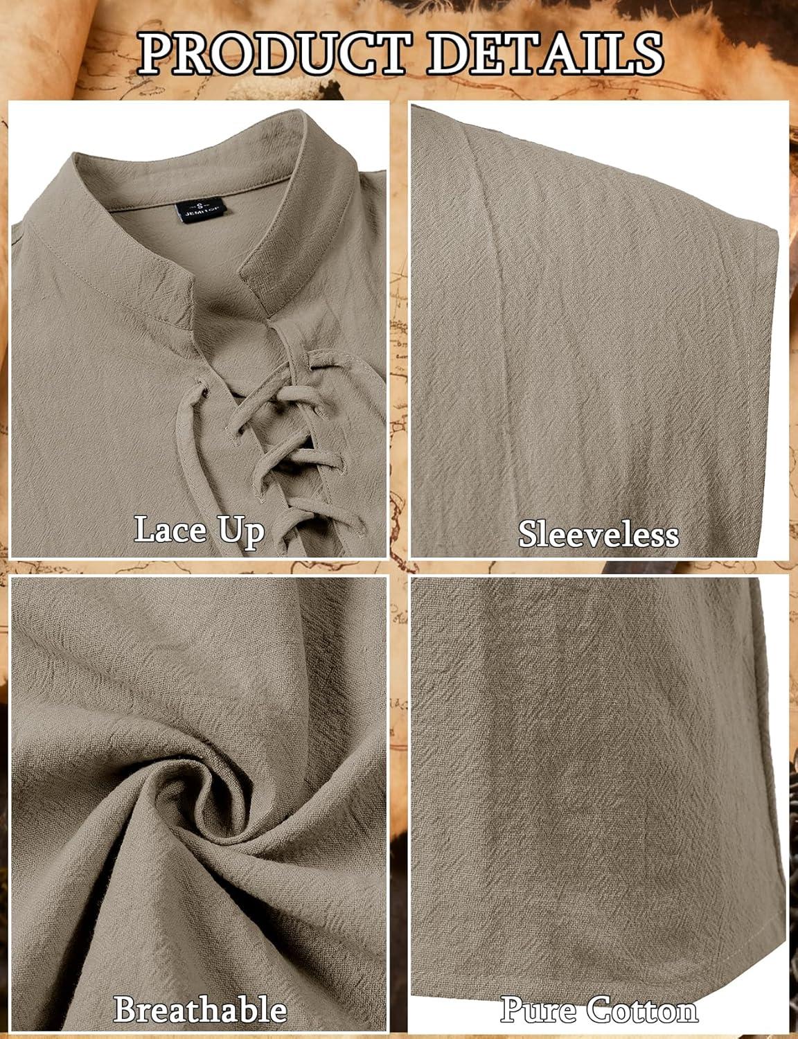 imageJEMITOP Mens Pure Cotton Renaissance Sleeveless Shirt Halloween Pirate Medieval Viking Lace Up Mandarin Collar CostumeKhaki