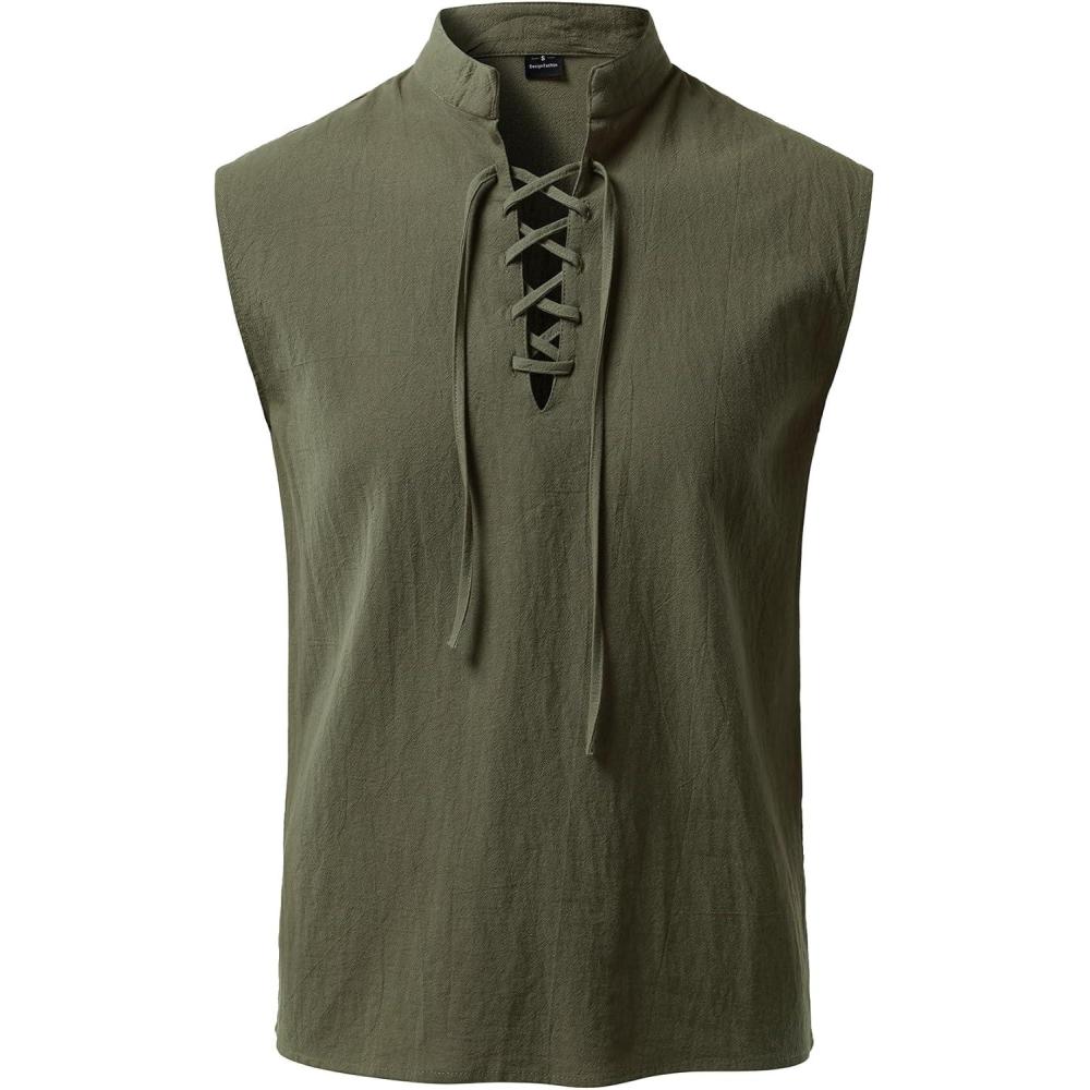 imageJEMITOP Mens Pure Cotton Renaissance Sleeveless Shirt Halloween Pirate Medieval Viking Lace Up Mandarin Collar CostumeArmy Green