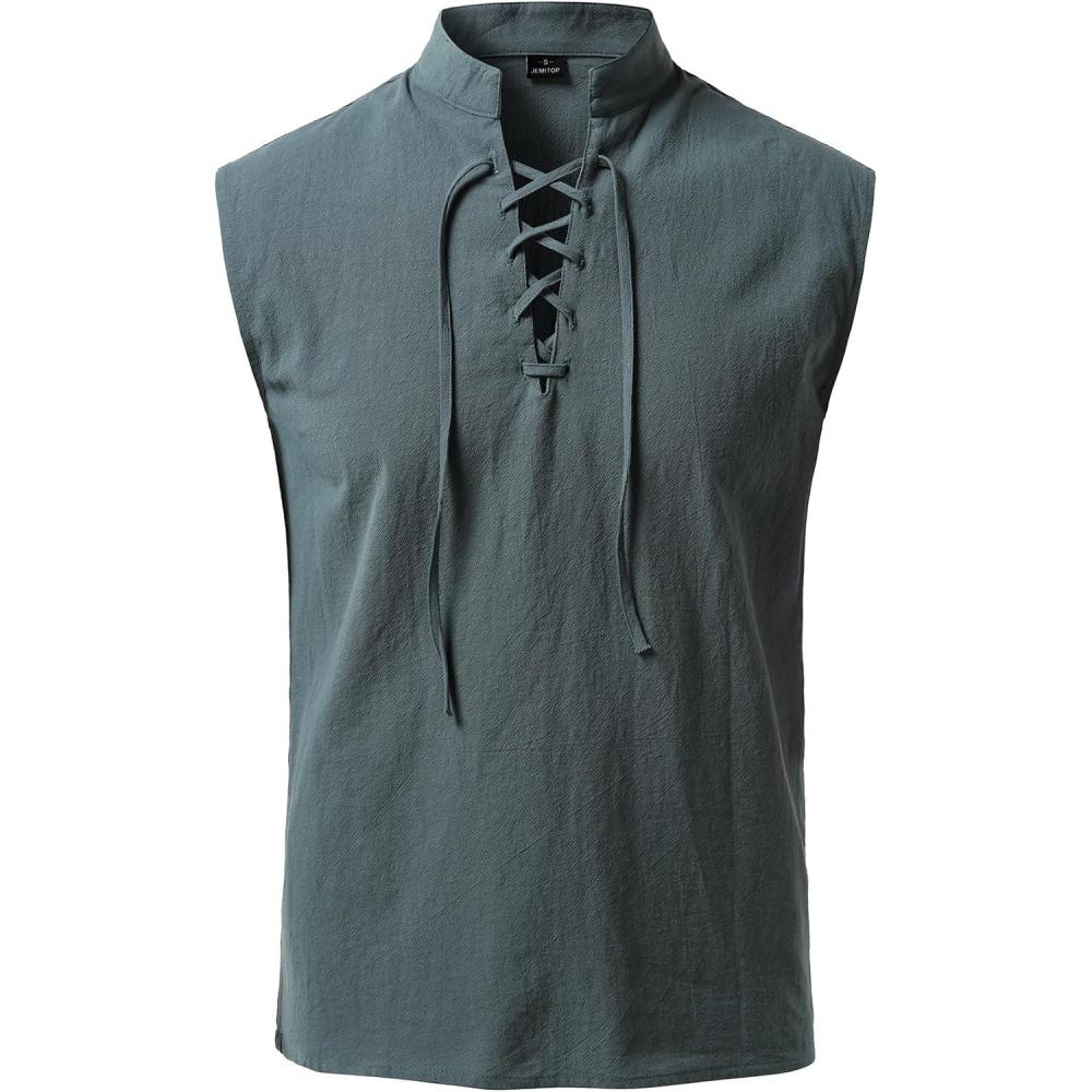 imageJEMITOP Mens Pure Cotton Renaissance Sleeveless Shirt Halloween Pirate Medieval Viking Lace Up Mandarin Collar CostumeIndigo Blue