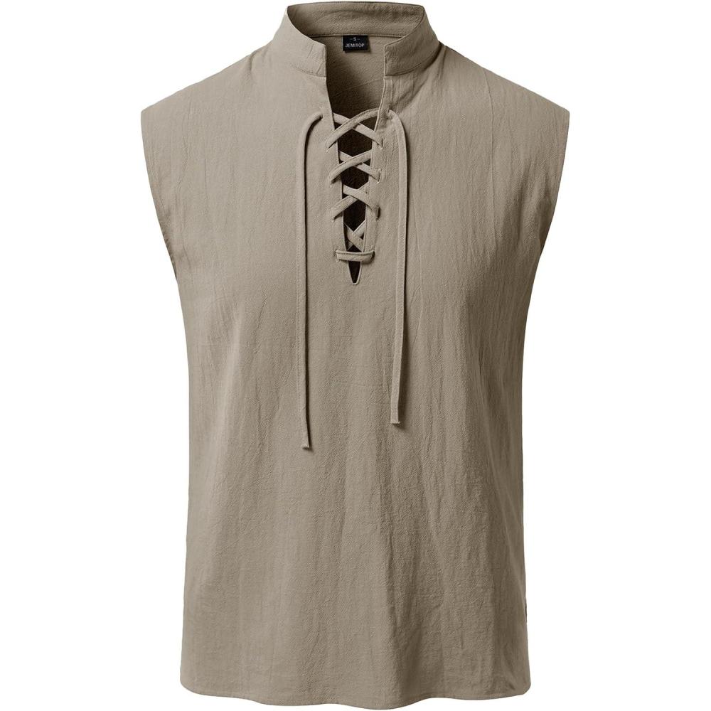 imageJEMITOP Mens Pure Cotton Renaissance Sleeveless Shirt Halloween Pirate Medieval Viking Lace Up Mandarin Collar CostumeKhaki