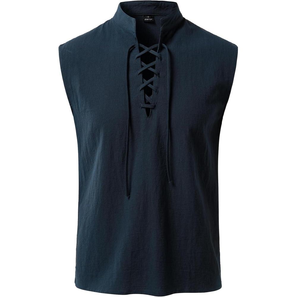 imageJEMITOP Mens Pure Cotton Renaissance Sleeveless Shirt Halloween Pirate Medieval Viking Lace Up Mandarin Collar CostumeNavy Blue
