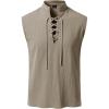 JEMITOP Men’s Pure Cotton Renaissance Sleeveless Shirt Halloween Pirate Medieval Viking Lace Up Mandarin Collar Costume(Khaki)