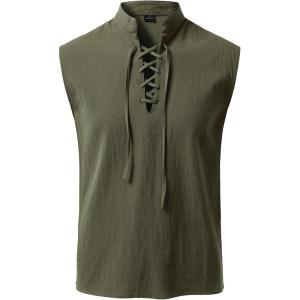 JEMITOP Men’s Pure Cotton Renaissance Sleeveless Shirt Halloween Pirate Medieval Viking Lace Up Mandarin Collar Costume(Army Green)