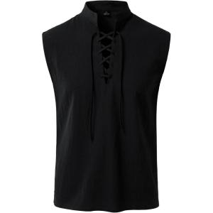 JEMITOP Men’s Pure Cotton Renaissance Sleeveless Shirt Halloween Pirate Medieval Viking Lace Up Mandarin Collar Costume(Black)