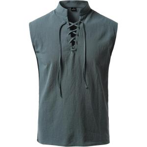 JEMITOP Men’s Pure Cotton Renaissance Sleeveless Shirt Halloween Pirate Medieval Viking Lace Up Mandarin Collar Costume(Indigo Blue)