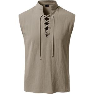 JEMITOP Men’s Pure Cotton Renaissance Sleeveless Shirt Halloween Pirate Medieval Viking Lace Up Mandarin Collar Costume(Khaki)