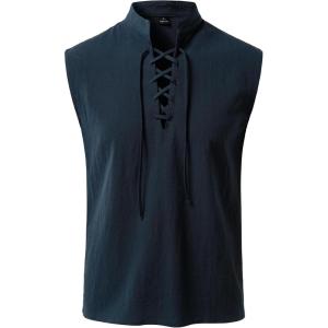 JEMITOP Men’s Pure Cotton Renaissance Sleeveless Shirt Halloween Pirate Medieval Viking Lace Up Mandarin Collar Costume(Navy Blue)