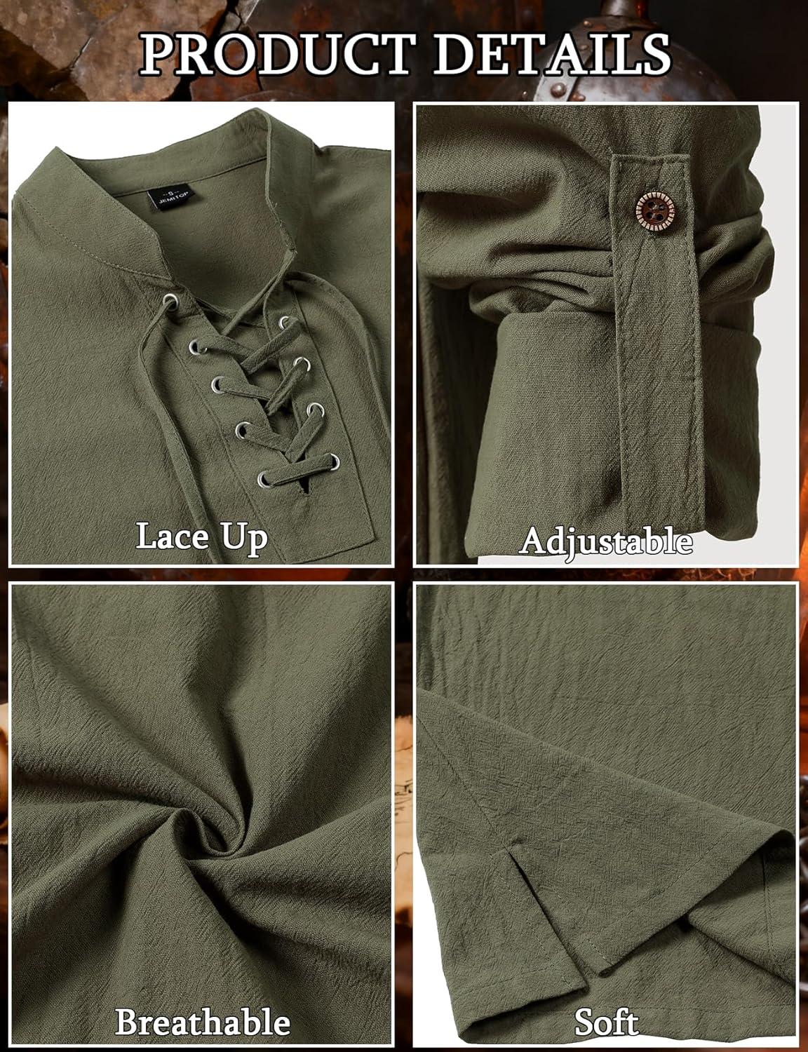 imageJEMITOP Mens Pure Cotton Renaissance Pirate Medieval Retro Lace Up Shirt for Viking Mandarin Collar Costume Without BeltArmy Green