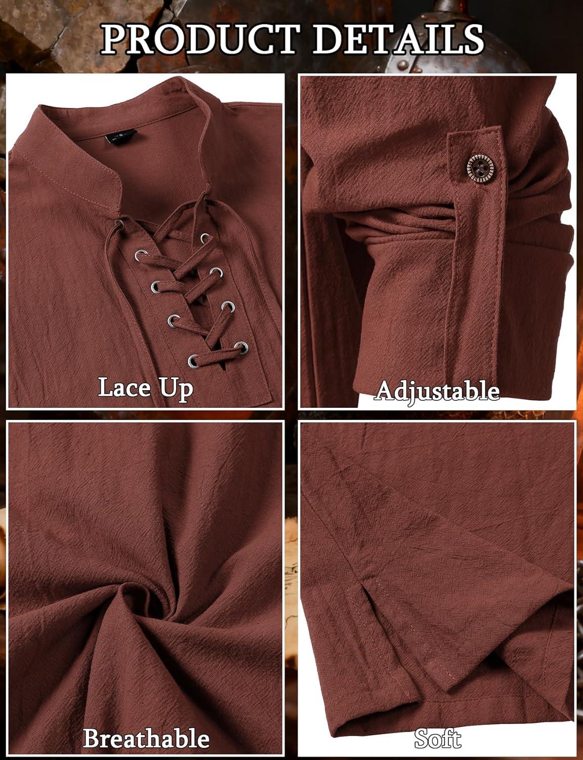 imageJEMITOP Mens Pure Cotton Renaissance Pirate Medieval Retro Lace Up Shirt for Viking Mandarin Collar Costume Without BeltRust Red