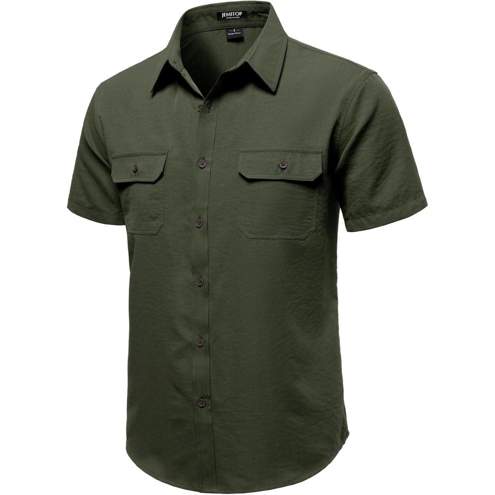 imageJEMITOP Mens Casual Stretch Regular Fit Shirt Button Down Short Sleeve Work Shirts with Two PocketsArmy Green