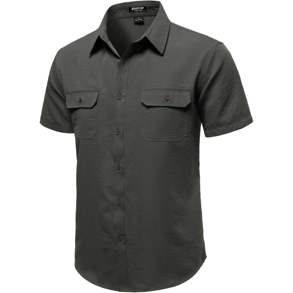imageJEMITOP Mens Casual Stretch Regular Fit Shirt Button Down Short Sleeve Work Shirts with Two PocketsDark Grey