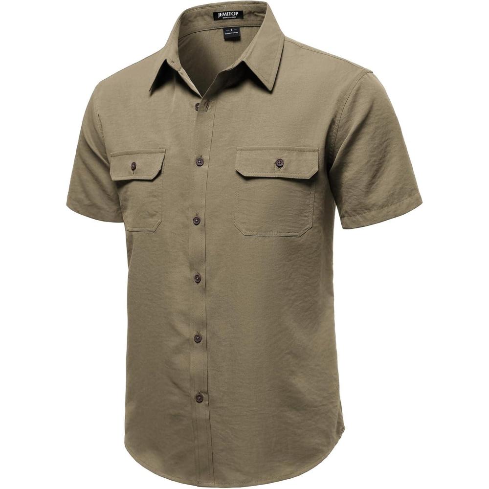 imageJEMITOP Mens Casual Stretch Regular Fit Shirt Button Down Short Sleeve Work Shirts with Two PocketsDark Khaki