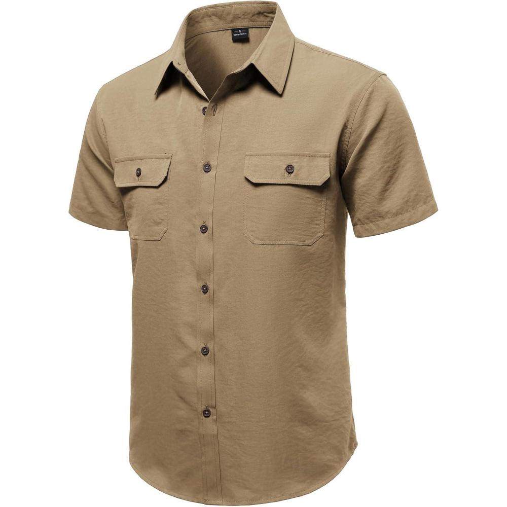 imageJEMITOP Mens Casual Stretch Regular Fit Shirt Button Down Short Sleeve Work Shirts with Two PocketsKhaki Yellow