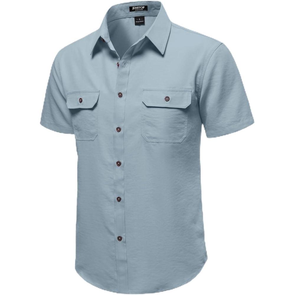 imageJEMITOP Mens Casual Stretch Regular Fit Shirt Button Down Short Sleeve Work Shirts with Two PocketsLight Blue