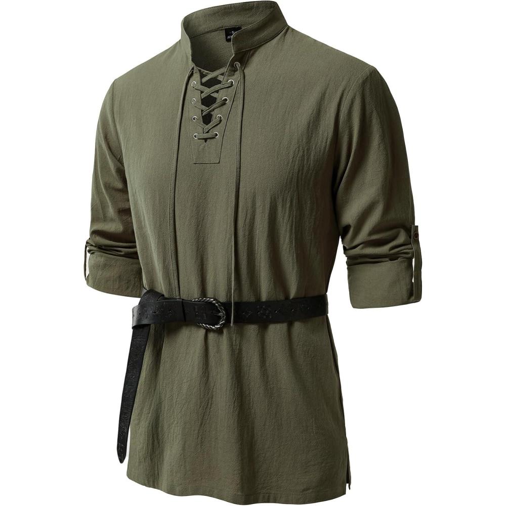imageJEMITOP Mens Pure Cotton Renaissance Pirate Medieval Retro Lace Up Shirt for Viking Mandarin Collar Costume Without BeltArmy Green