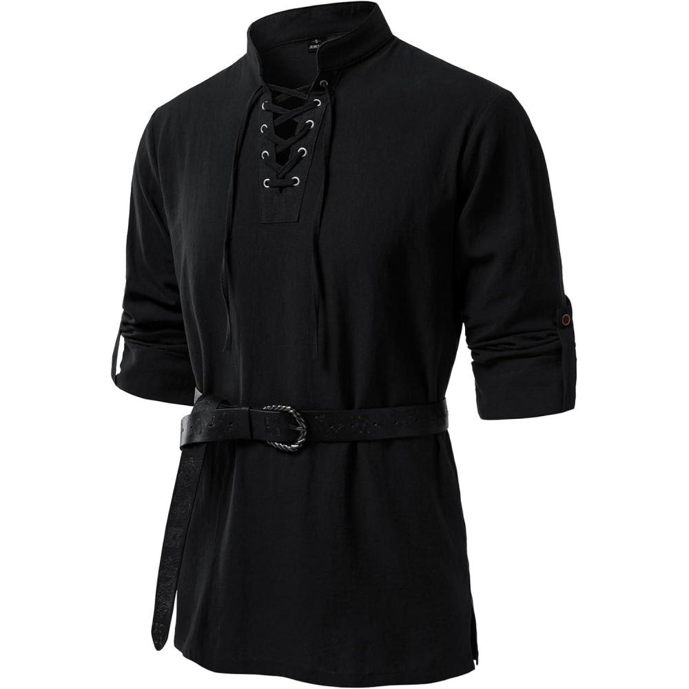imageJEMITOP Mens Pure Cotton Renaissance Pirate Medieval Retro Lace Up Shirt for Viking Mandarin Collar Costume Without BeltBlack