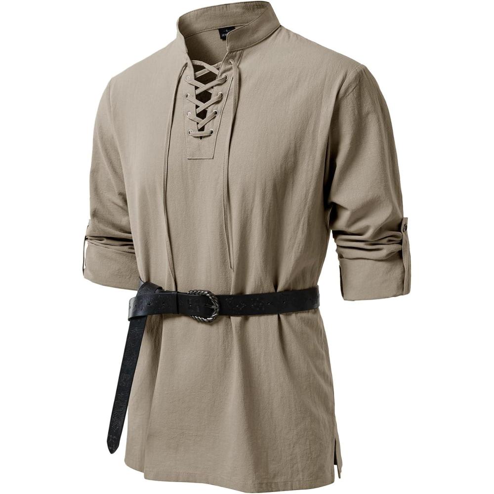 imageJEMITOP Mens Pure Cotton Renaissance Pirate Medieval Retro Lace Up Shirt for Viking Mandarin Collar Costume Without BeltKhaki