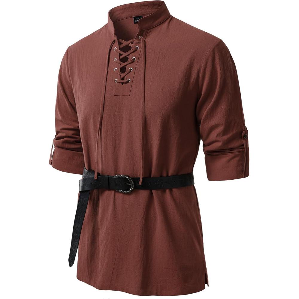 imageJEMITOP Mens Pure Cotton Renaissance Pirate Medieval Retro Lace Up Shirt for Viking Mandarin Collar Costume Without BeltRust Red