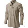 JEMITOP Men’s Pure Cotton Renaissance Pirate Medieval Retro Lace Up Shirt for Viking Mandarin Collar Costume Without Belt(Khaki)
