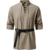 JEMITOP Men’s Pure Cotton Renaissance Pirate Medieval Retro Lace Up Shirt for Viking Mandarin Collar Costume Without Belt(Khaki)