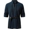 JEMITOP Men’s Pure Cotton Renaissance Pirate Medieval Retro Lace Up Shirt for Viking Mandarin Collar Costume Without Belt(Navy Blue)
