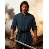 JEMITOP Men’s Pure Cotton Renaissance Pirate Medieval Retro Lace Up Shirt for Viking Mandarin Collar Costume Without Belt(Navy Blue)