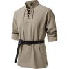 JEMITOP Men’s Pure Cotton Renaissance Pirate Medieval Retro Lace Up Shirt for Viking Mandarin Collar Costume Without Belt(Khaki)