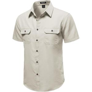 JEMITOP Men’s Casual Stretch Regular Fit Shirt Button Down Short Sleeve Work Shirts with Two Pockets(Beige)