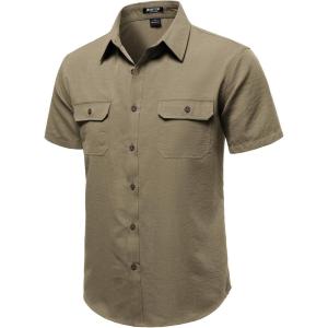 JEMITOP Men’s Casual Stretch Regular Fit Shirt Button Down Short Sleeve Work Shirts with Two Pockets(Dark Khaki)