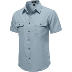 JEMITOP Men’s Casual Stretch Regular Fit Shirt Button Down Short Sleeve Work Shirts with Two Pockets(Light Blue)