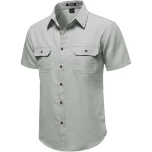 JEMITOP Men’s Casual Stretch Regular Fit Shirt Button Down Short Sleeve Work Shirts with Two Pockets(Light Grey)