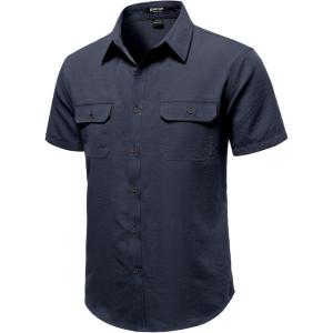 JEMITOP Men’s Casual Stretch Regular Fit Shirt Button Down Short Sleeve Work Shirts with Two Pockets(Navy Blue)