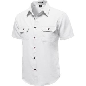 JEMITOP Men’s Casual Stretch Regular Fit Shirt Button Down Short Sleeve Work Shirts with Two Pockets(White)