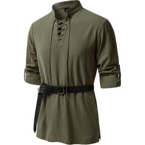 JEMITOP Men’s Pure Cotton Renaissance Pirate Medieval Retro Lace Up Shirt for Viking Mandarin Collar Costume Without Belt(Army Green)