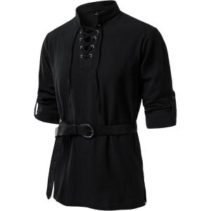 JEMITOP Men’s Pure Cotton Renaissance Pirate Medieval Retro Lace Up Shirt for Viking Mandarin Collar Costume Without Belt(Black)