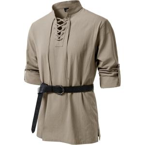 JEMITOP Men’s Pure Cotton Renaissance Pirate Medieval Retro Lace Up Shirt for Viking Mandarin Collar Costume Without Belt(Khaki)