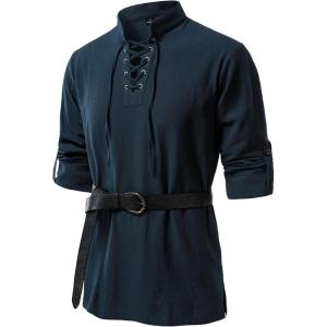 JEMITOP Men’s Pure Cotton Renaissance Pirate Medieval Retro Lace Up Shirt for Viking Mandarin Collar Costume Without Belt(Navy Blue)