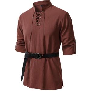 JEMITOP Men’s Pure Cotton Renaissance Pirate Medieval Retro Lace Up Shirt for Viking Mandarin Collar Costume Without Belt(Rust Red)