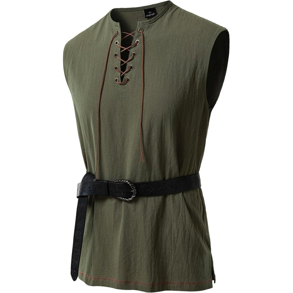 imageJEMITOP Mens Retro Pure Cotton VNeck Lace Up Sleeveless Shirt Renaissance Pirate Medieval Viking CostumeArmy Green