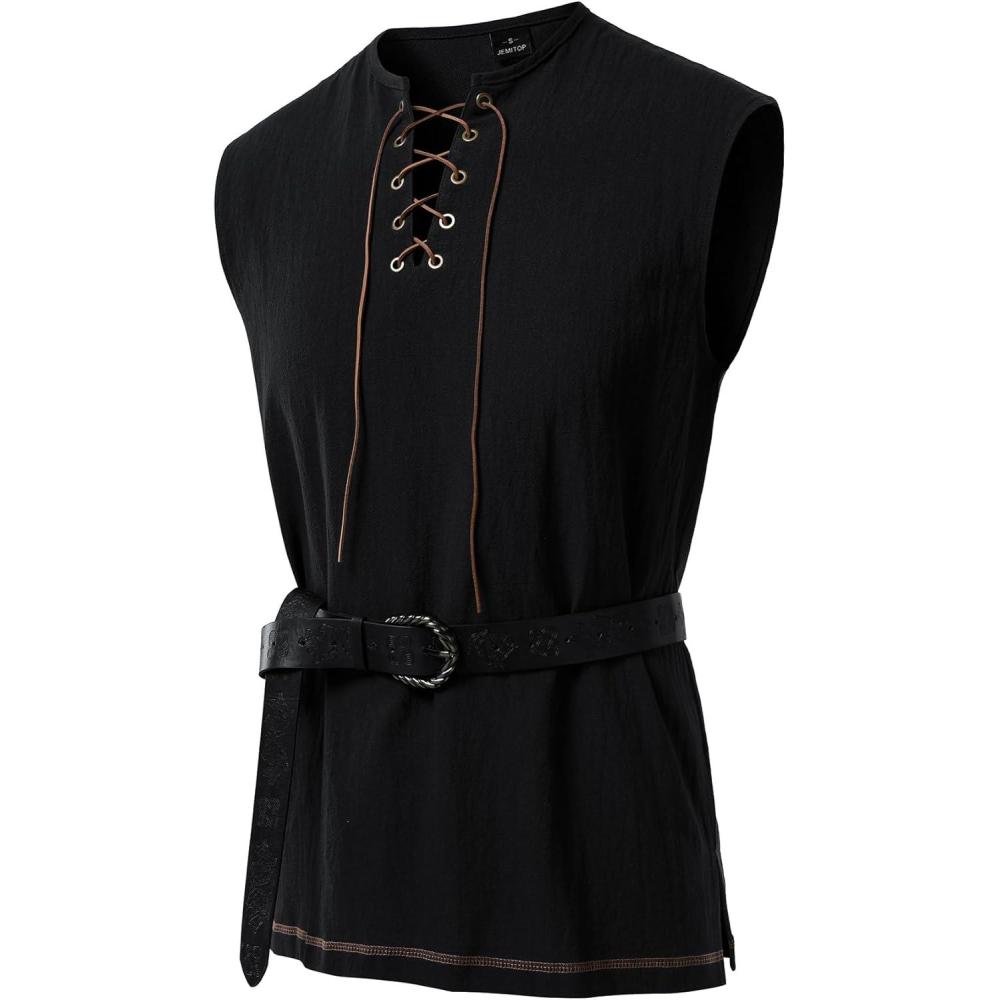 imageJEMITOP Mens Retro Pure Cotton VNeck Lace Up Sleeveless Shirt Renaissance Pirate Medieval Viking CostumeBlack