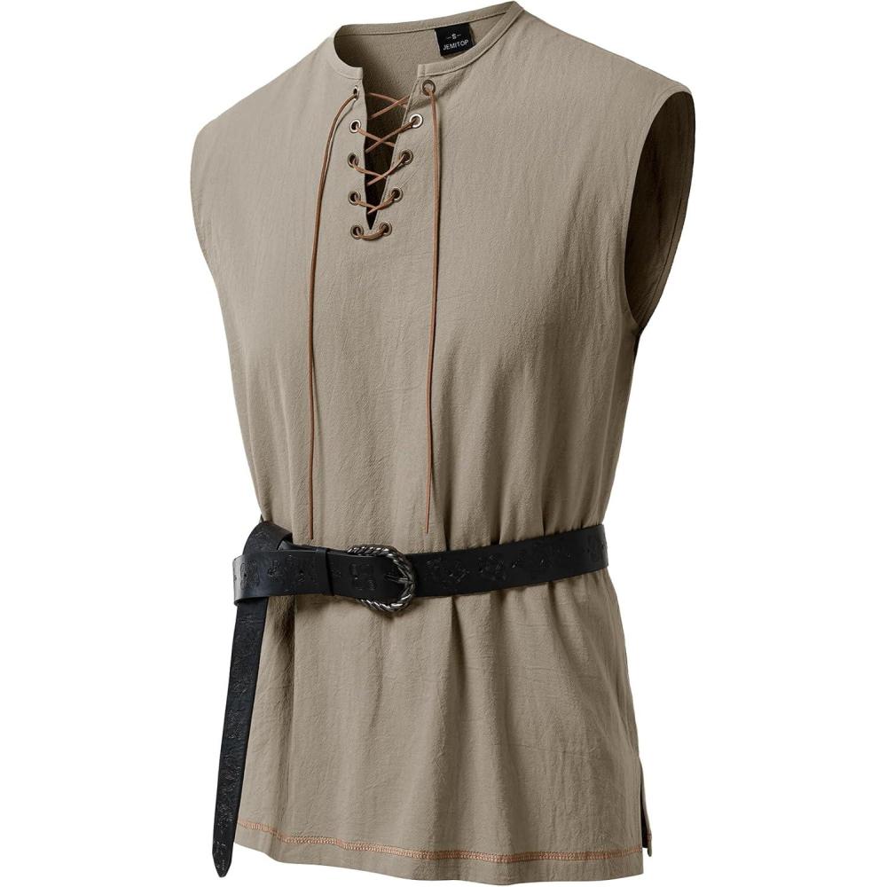 imageJEMITOP Mens Retro Pure Cotton VNeck Lace Up Sleeveless Shirt Renaissance Pirate Medieval Viking CostumeKhaki