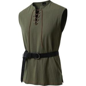 JEMITOP Mens Retro Pure Cotton V-Neck Lace Up Sleeveless Shirt Renaissance Pirate Medieval Viking Costume(Army Green)