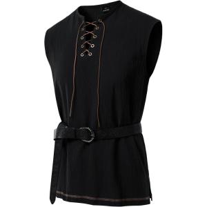 JEMITOP Mens Retro Pure Cotton V-Neck Lace Up Sleeveless Shirt Renaissance Pirate Medieval Viking Costume(Black)