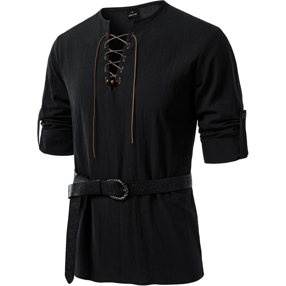 imageJEMITOP Mens Renaissance Pure Cotton Lace Up Shirt VNeck Long Sleeve Retro Costume for Medieval Pirate Viking Without BeltBlack