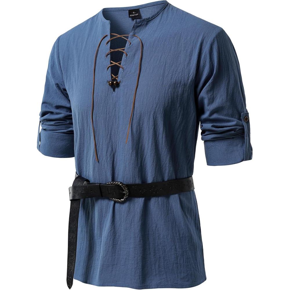 imageJEMITOP Mens Renaissance Pure Cotton Lace Up Shirt VNeck Long Sleeve Retro Costume for Medieval Pirate Viking Without BeltMist Blue