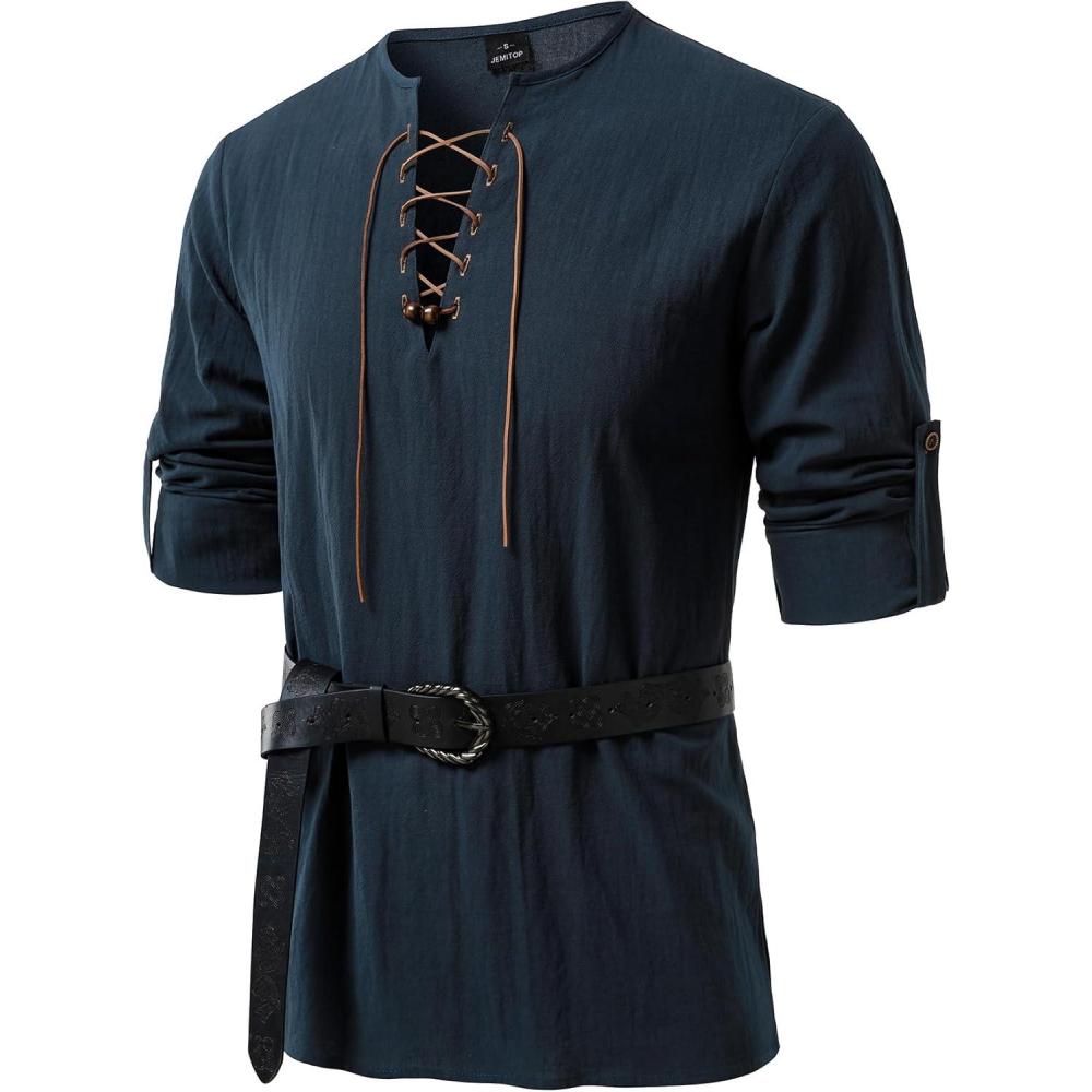 imageJEMITOP Mens Renaissance Pure Cotton Lace Up Shirt VNeck Long Sleeve Retro Costume for Medieval Pirate Viking Without BeltNavy Blue