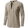JEMITOP Men’s Renaissance Pure Cotton Lace Up Shirt V-Neck Long Sleeve Retro Costume for Medieval Pirate Viking Without Belt(Khaki)