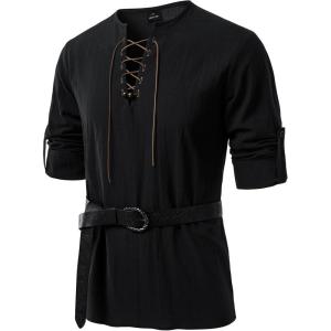 JEMITOP Men’s Renaissance Pure Cotton Lace Up Shirt V-Neck Long Sleeve Retro Costume for Medieval Pirate Viking Without Belt(Black)